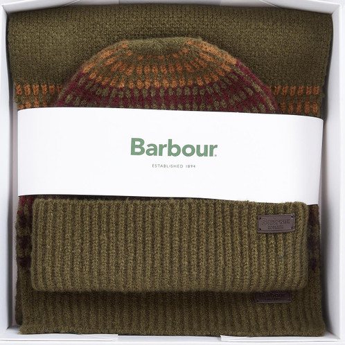 Army Green Barbour Mens Branton Beanie and Scarf Gift Set Boxed
