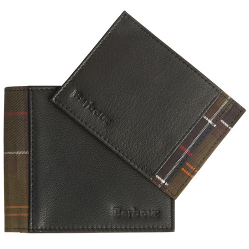 Black/Classic Tartan Barbour Mens Leather Tartan Wallet & Card Holder Gift Set Wallet