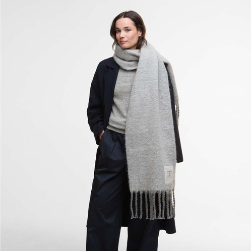 Light Grey Barbour Womens Ellison Scarf On Model