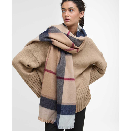 Hessian Tartan Barbour Womens Rosefield Tartan Scarf On Model 2 Hessian Tartan Barbour Womens Rosefield Tartan Scarf On Model 2