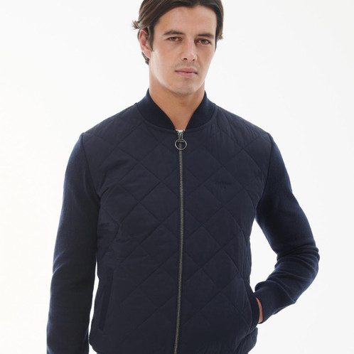 Navy Barbour Mens Essential Box Quilt Zip Through Knitted Cardigan On Model Zipped