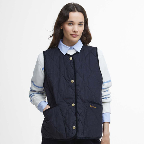 Dark Navy/Sky Dress Tartan Barbour Womens Cecily Gilet Model Front