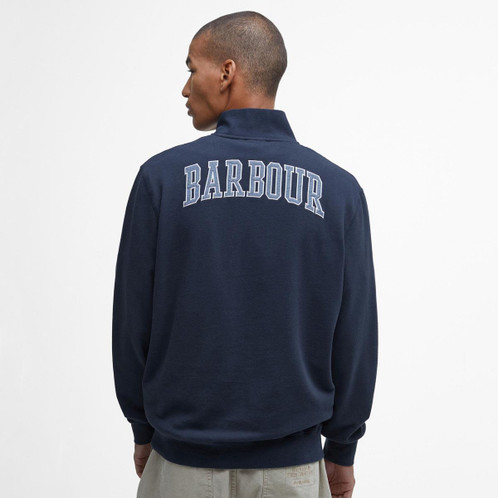 Navy Barbour Mens Skipton Relaxed Fit Half Zip Sweatshirt Model Back