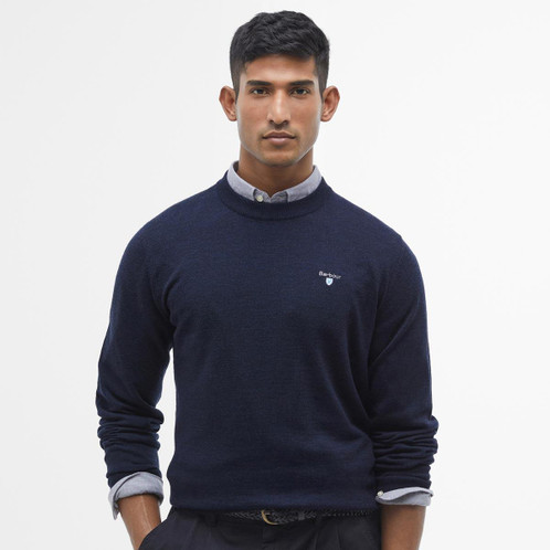 Navy Barbour Mens Merino Crew Neck Sweater Model Front