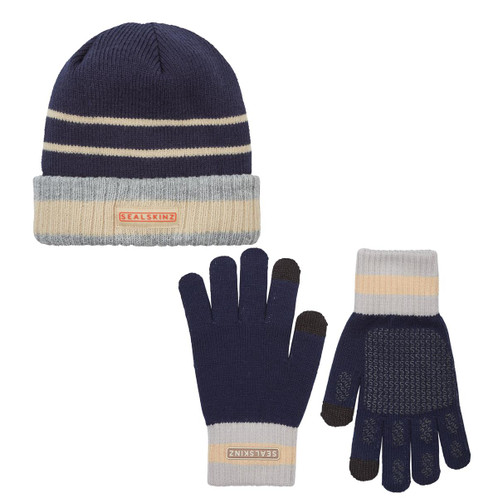 Navy Sealskinz Wereham Waterproof Hat & Gloves
