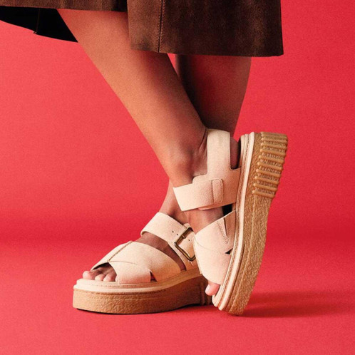 Ecru Suede Clarks Womens Evamar Wish Sandal On Model