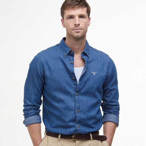 Chambray Barbour Mens Chambray Crest Tailored Fit Shirt Front