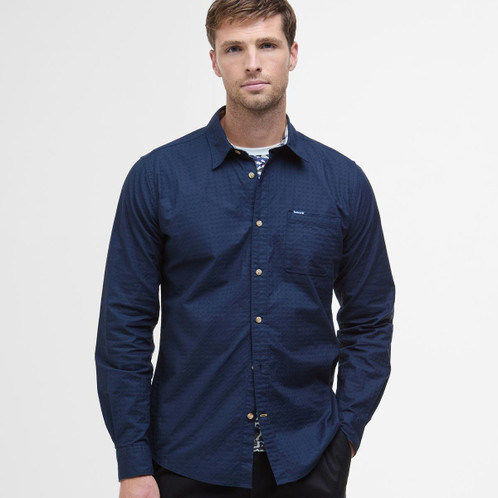 Navy Barbour Mens Irvine Textured Tailored Shirt Front