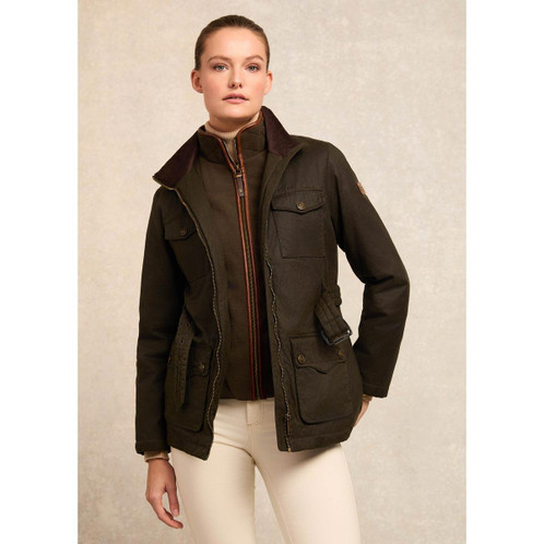 Dark Olive Holland Cooper Womens Belted Wax Jacket On Model