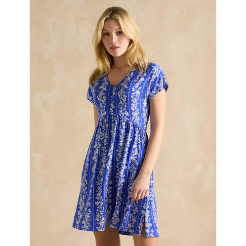 Blue Floral Joules Womens Short Nia V-Neck Dress On Model