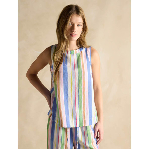 Multi Stripe Joules Womens Cove Linen Striped Vest Top On Model Detail