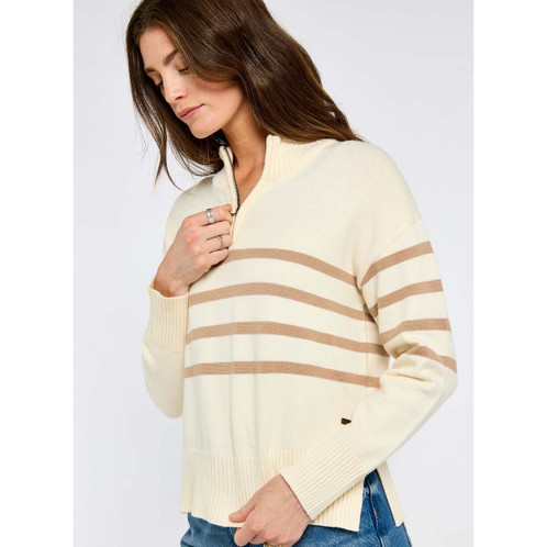 Oyster Dubarry Womens Fonthill Striped Zip Neck Jumper On Model Detail