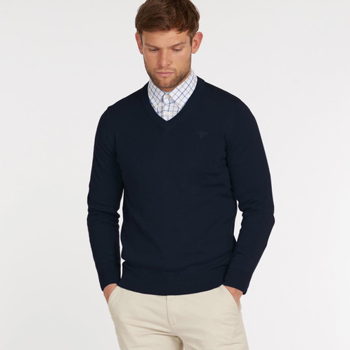 Navy Barbour Mens Pima Cotton V-Neck Jumper Front