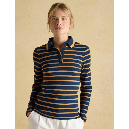 Navy/Tan Joules Womens Fairfield Long Sleeve Polo Shirt On Model