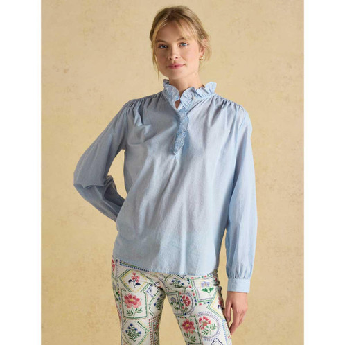 Blue/White Joules Womens Melanie Ruffle Blouse On Model