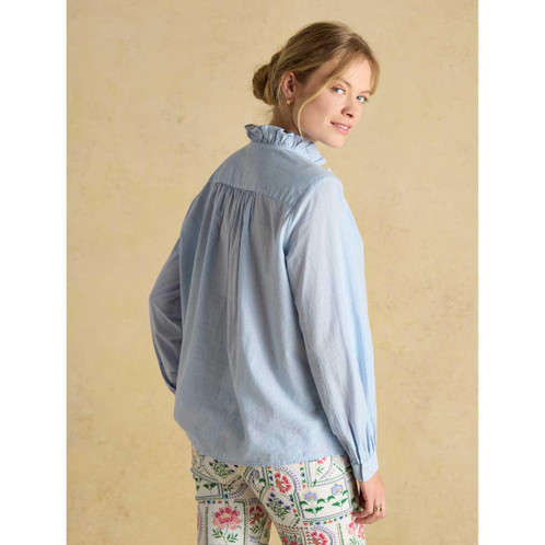Blue/White Joules Womens Melanie Ruffle Blouse On Model Back