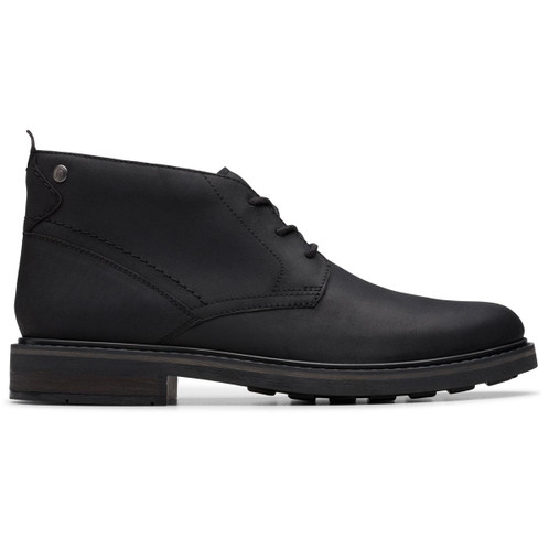 Black Leather Clarks Mens Newford Mid Chukka Boot Side View