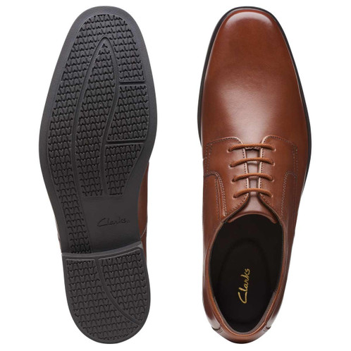 Dark Tan Leather Clarks Mens Howard Walk Shoe Top View and Outsole Detail