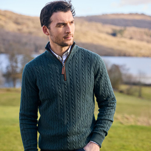 Botanical green Schoffel Mens Calton Cotton Cashmere Cable 1/4 Zip Jumper lifestyle