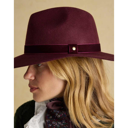 Berry Red Joules Womens Grove Wool Fedora Hat On Model Side