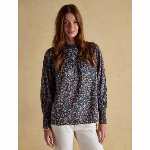 Multi Joules Womens Silvia Frill Neck Smocked Blouse On Model