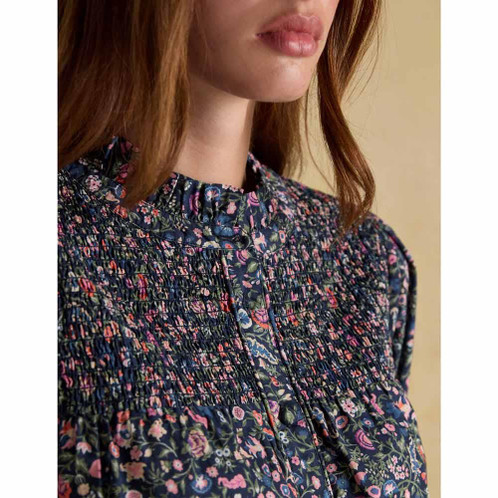 Multi Joules Womens Silvia Frill Neck Smocked Blouse Neck Detail