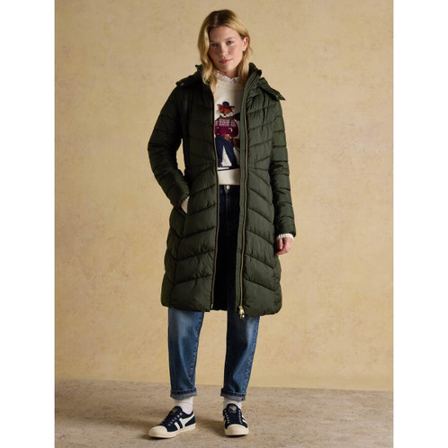 Khaki Green Joules Womens Pembury Showerproof Longline Padded Coat