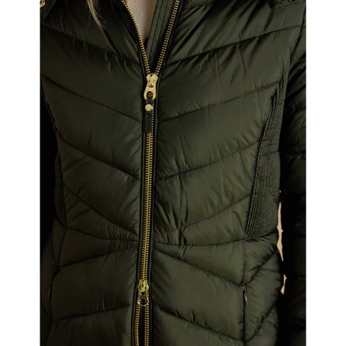 Khaki Green Joules Womens Pembury Showerproof Longline Padded Coat Zip Detail