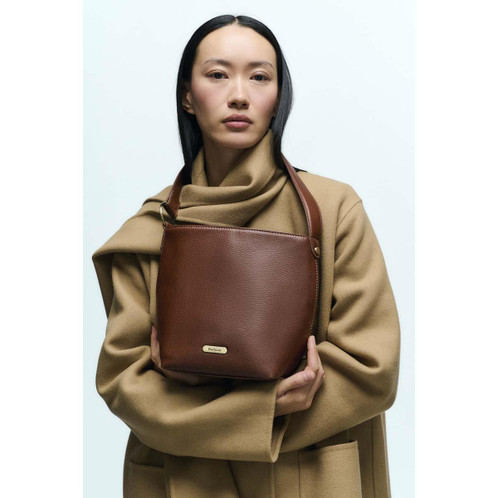 Brown Barbour Womens Cedar Leather Bucket Bag On Model