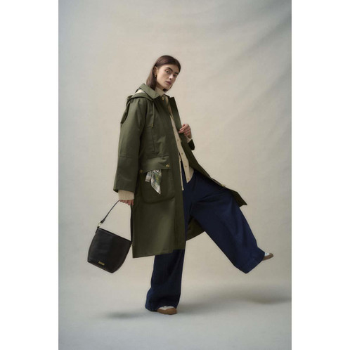 Black Barbour Womens Cedar Leather Bucket Bag On Model