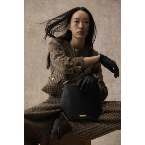 Black Barbour Womens Cedar Leather Bucket Bag On Model