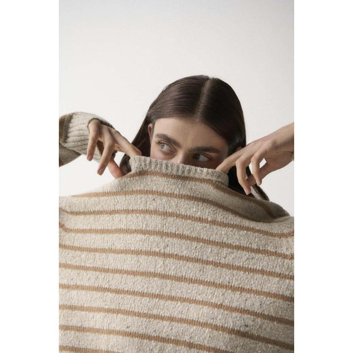 Oatmeal Stripe Barbour Womens Claydon Knitted Jumper Collar