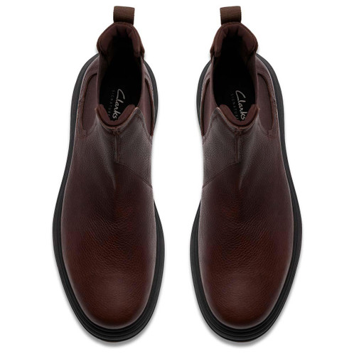 Dark Brown Leather Clarks Mens Badbury Easy Chelsea Boot Top View
