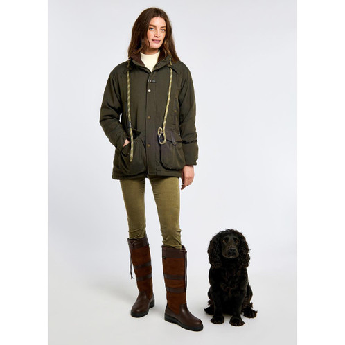 Olive Dubarry Womens Sherwood Waterproof Jacket On Model With Dog