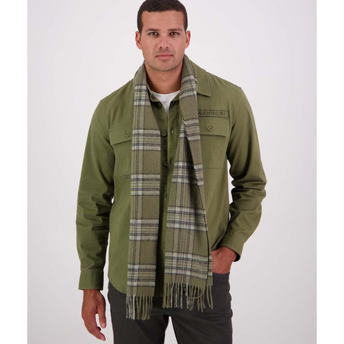 Light/Woodland Check Swanndri Scarfie Wool Scarf On Model