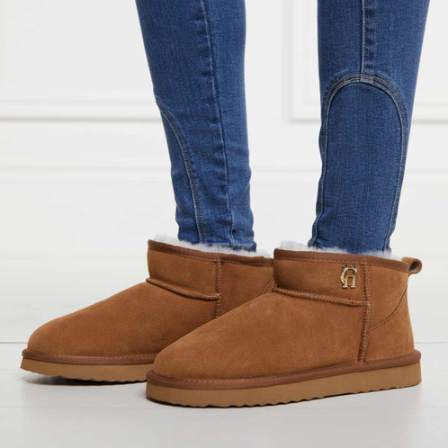 Tan Holland Cooper Womens Ultra Mini Shearling Boot On Model Detail