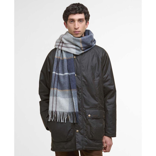 Grey Midnight Tartan Barbour Carrbridge Tartan Scarf On Model