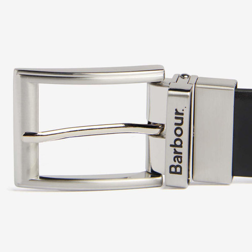 Black/Chestnut Brown Barbour Mens Fife Reversible Leather Belt Buckle