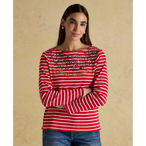 Red/Cream Kissmass Joules Womens Festive Harbour Top On Model