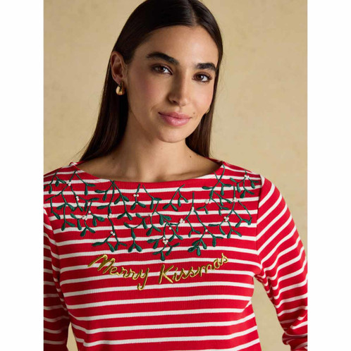 Red/Cream Kissmass Joules Womens Festive Harbour Top On Model Detail