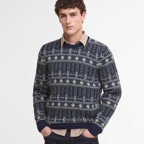 Inky Blue Barbour Mens Grangetown Fair Isle Crew Neck Sweater On Model