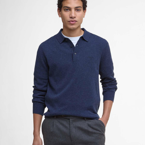 Navy Marl Barbour Mens Hutherston Knitted Polo Shirt Front