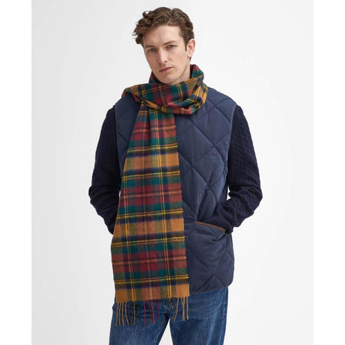 Harvest Gold Barbour Unisex New Check Tartan Scarf On Model