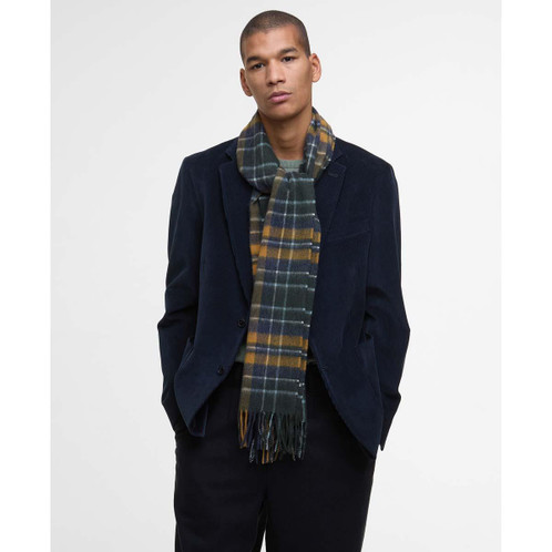 Forest/Bronze Brown Barbour Unisex New Check Tartan Scarf On Model