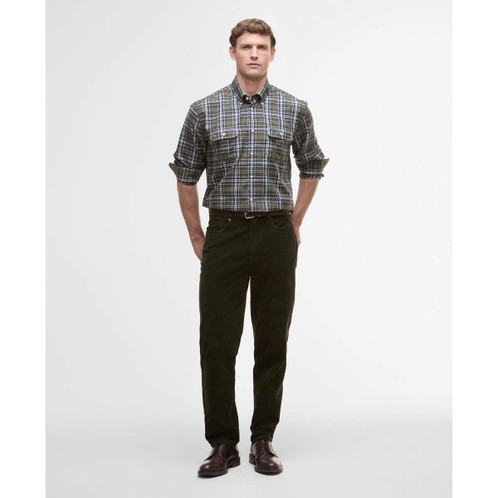 Olive Barbour Mens Saldon Thermo Weave Regular Checked Shirt On Model