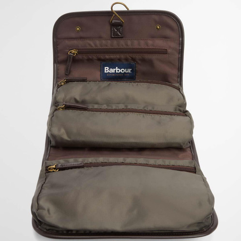 Olive/Beacon Barbour Mens Wax Hanging Washbag Open