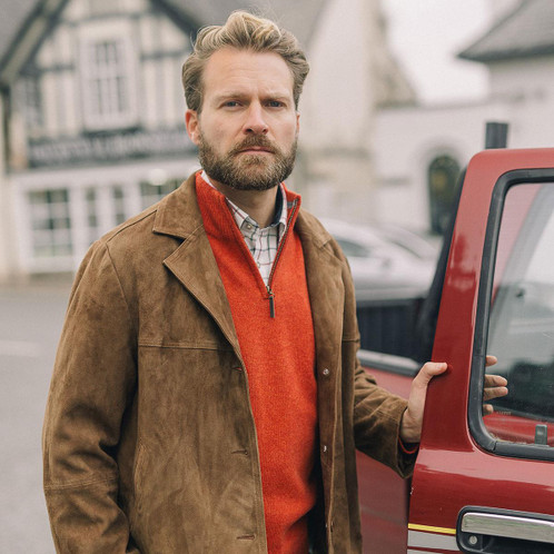  Albert and Maurice Mens Netherton Copper Brown Lambswool Zip Neck Jumper lifestyle jacket