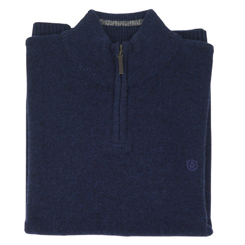 Albert and Maurice Mens Netherton Midnight Blue Lambswool Zip Neck Jumper
