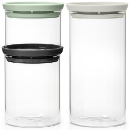 Light Grey/Dark Grey/Jade Green Brabantia Set of 3 Stackable Glass Jars