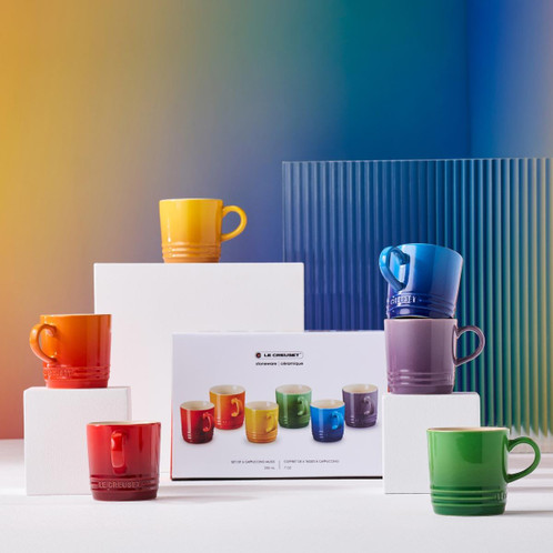 Le Creuset Stoneware Set of 6 Rainbow Cappuccino Mugs Lifestyle